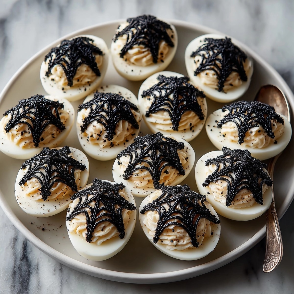 Rich Spiderweb Deviled Eggs garnished with sesame seeds, ready to serve at your party.