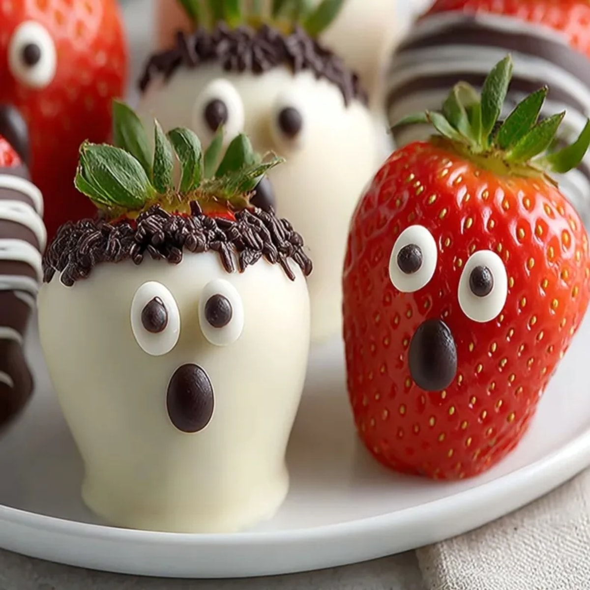 Creamy white chocolate ghost strawberries chilling on parchment, a spooky Halloween dessert.