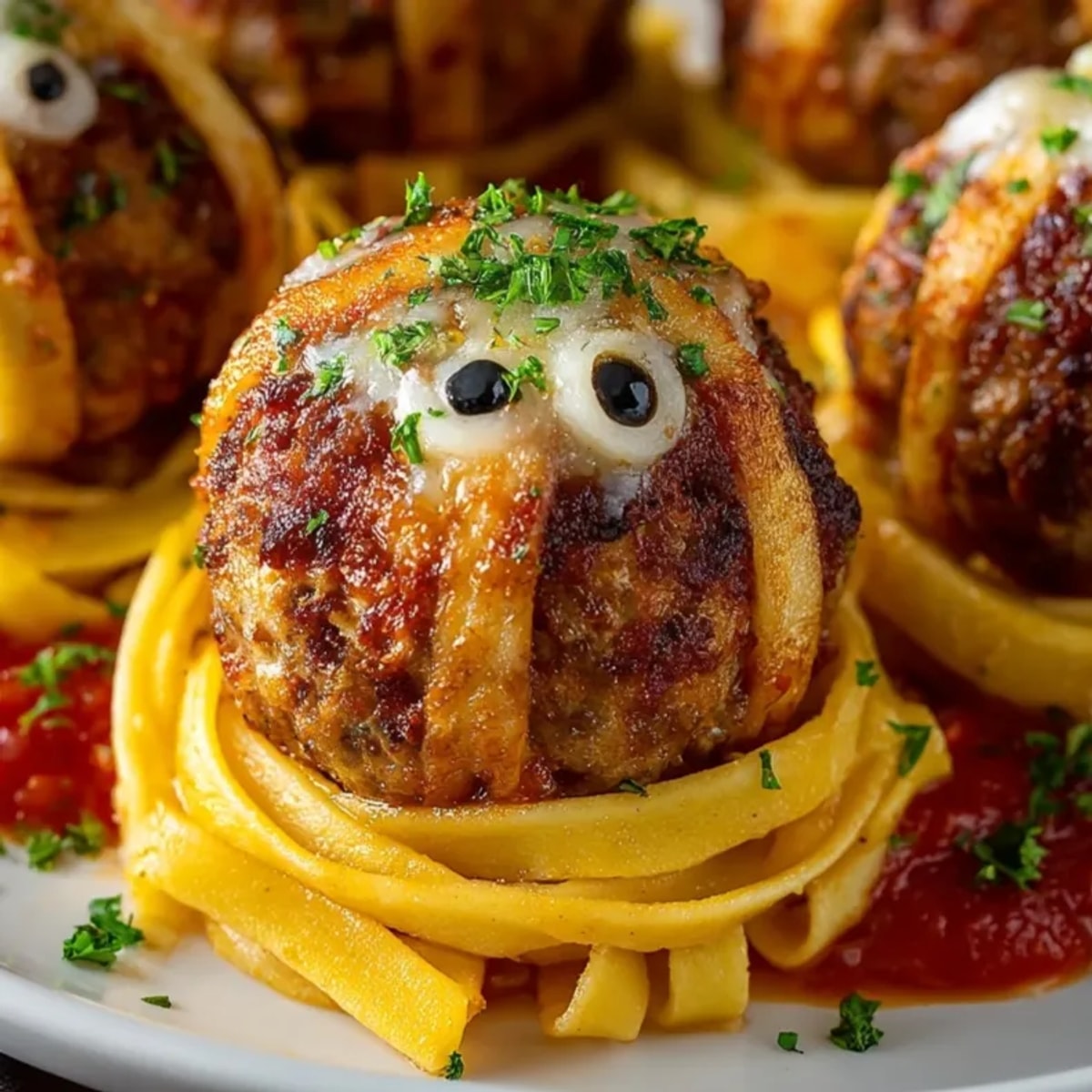 Close-up of savory mummy meatballs wrapped in pasta, Halloween party food, oven-baked.