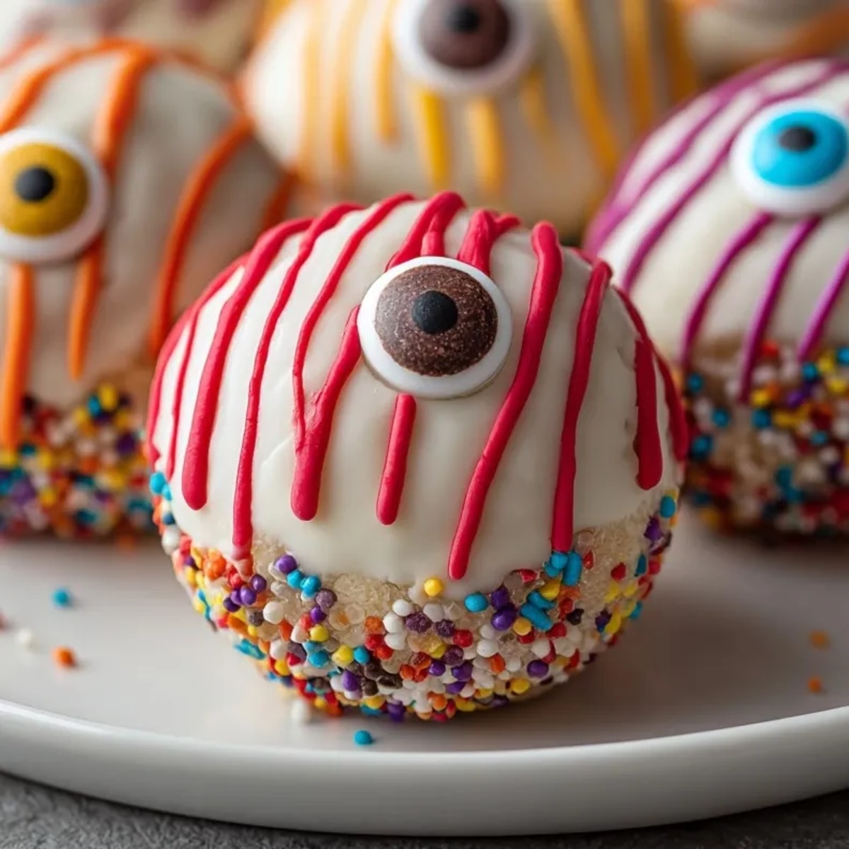 Close-up of spooky Monster Donut Hole Eyeballs glistening with melted white chocolate and candy irises.