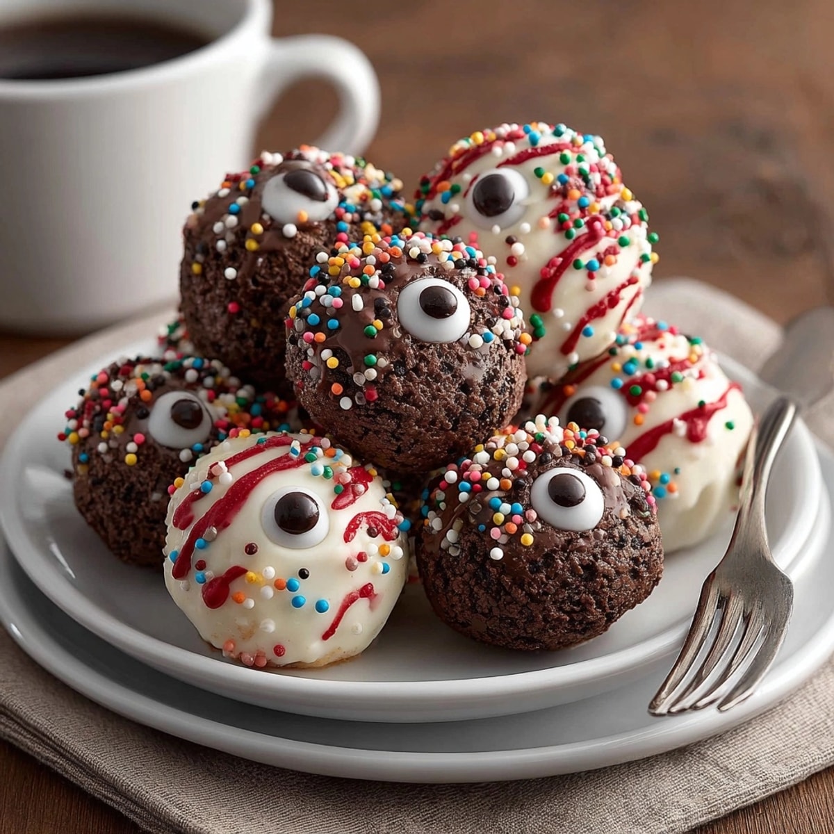 Festive Halloween treats: Monster Donut Hole Eyeballs with detailed red gel icing veins.