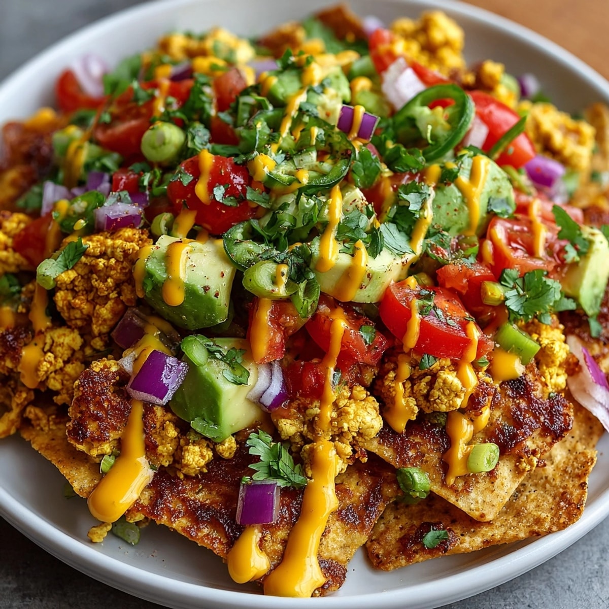A close-up showcasing savory vegan breakfast nachos, a colorful, satisfying Tex-Mex vegan brunch idea.