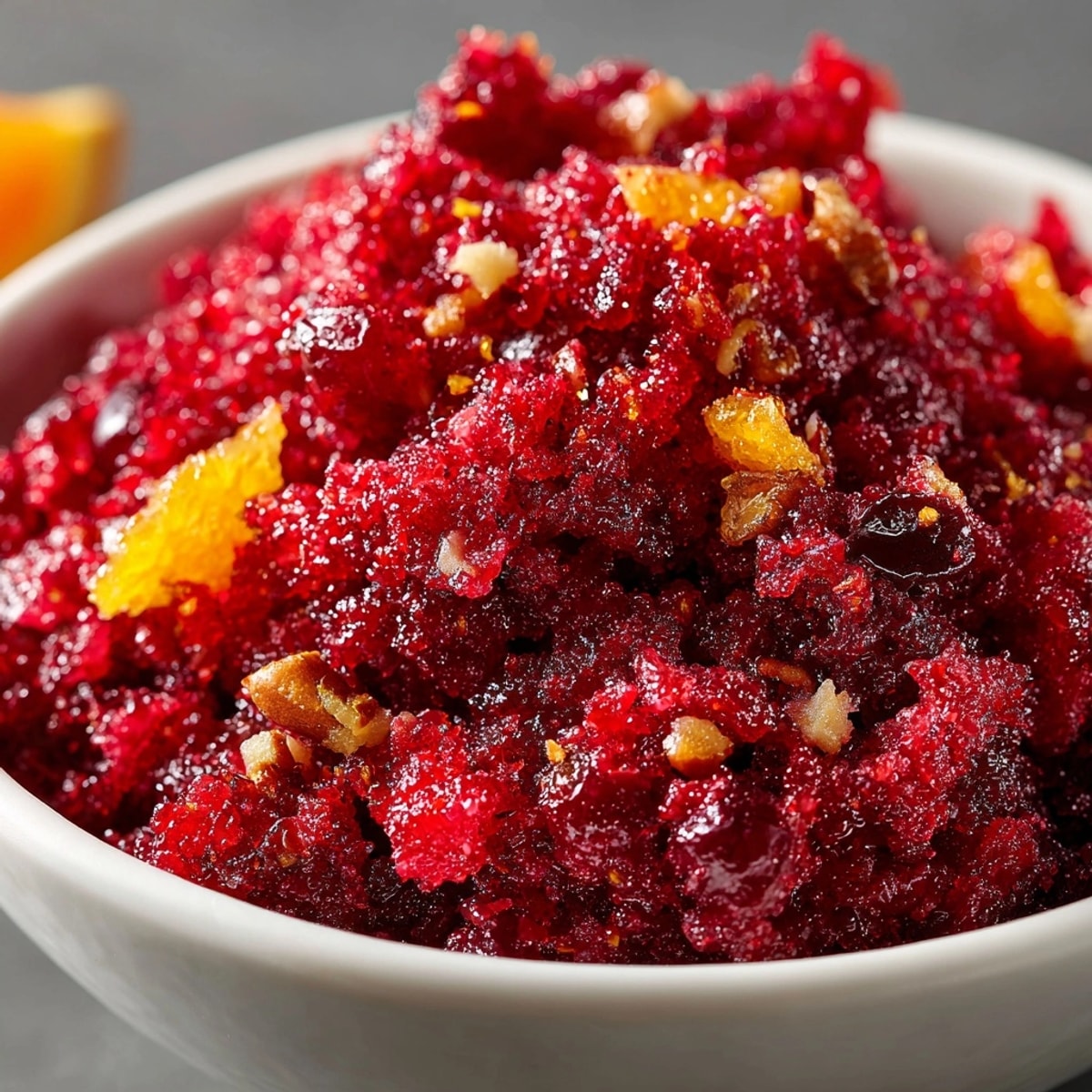 Bright, glistening Cranberry Orange Relish in a glass bowl, ready to garnish Thanksgiving turkey.