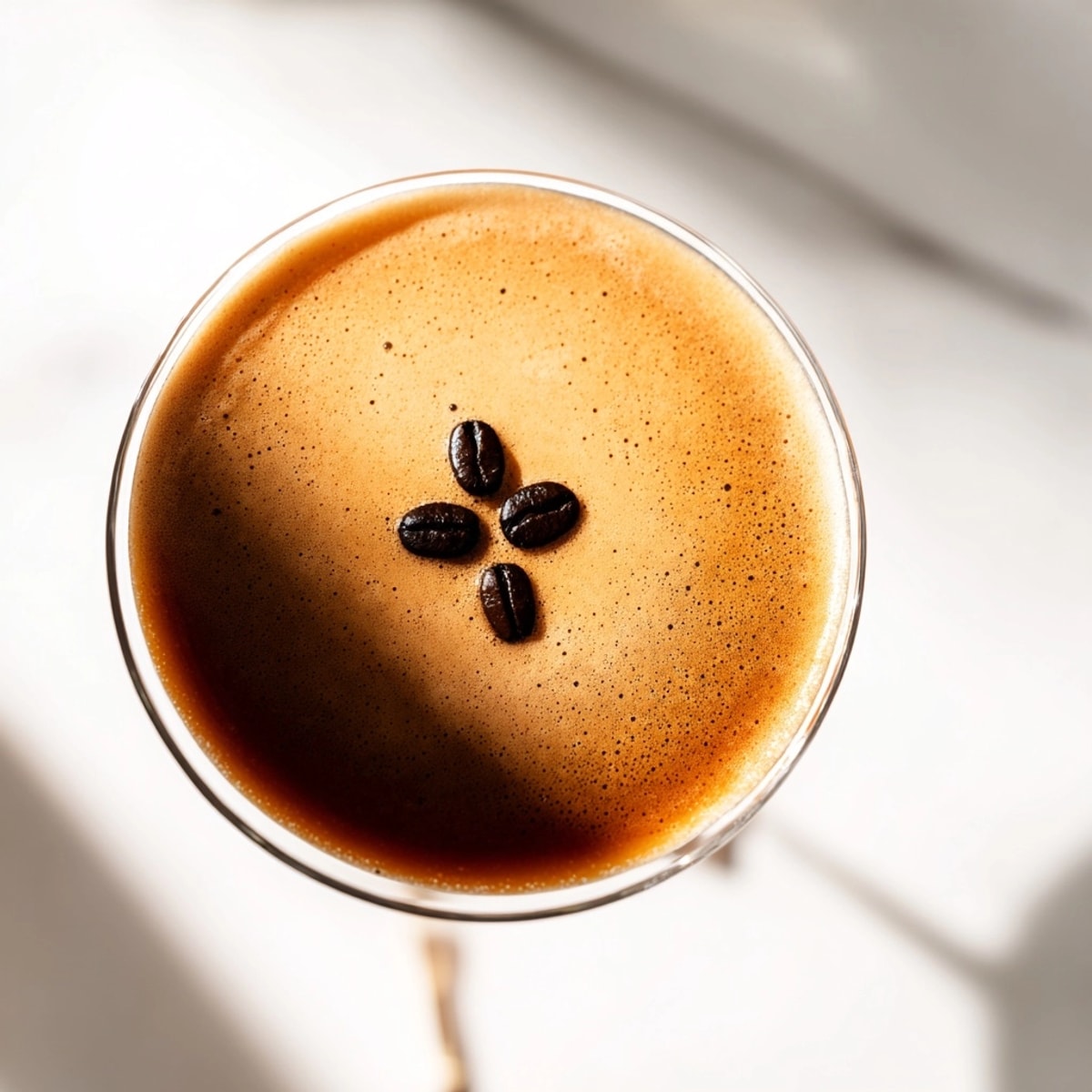 Icy Espresso Martini: a deep brown coffee cocktail with a frothy top, garnished.