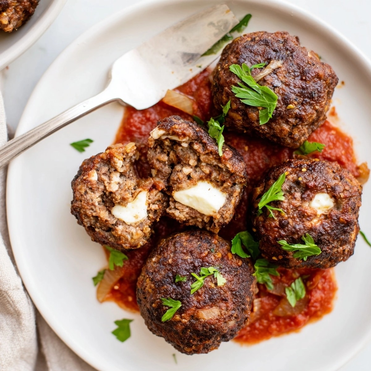 Homemade Cheesy Cajun Stuffed Meatballs baking sheet ready to serve with warm marinara.