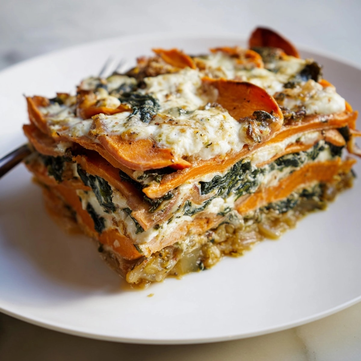 Golden bubbling Alfredo Sweet Potato Lasagna fresh from the oven with basil garnish.