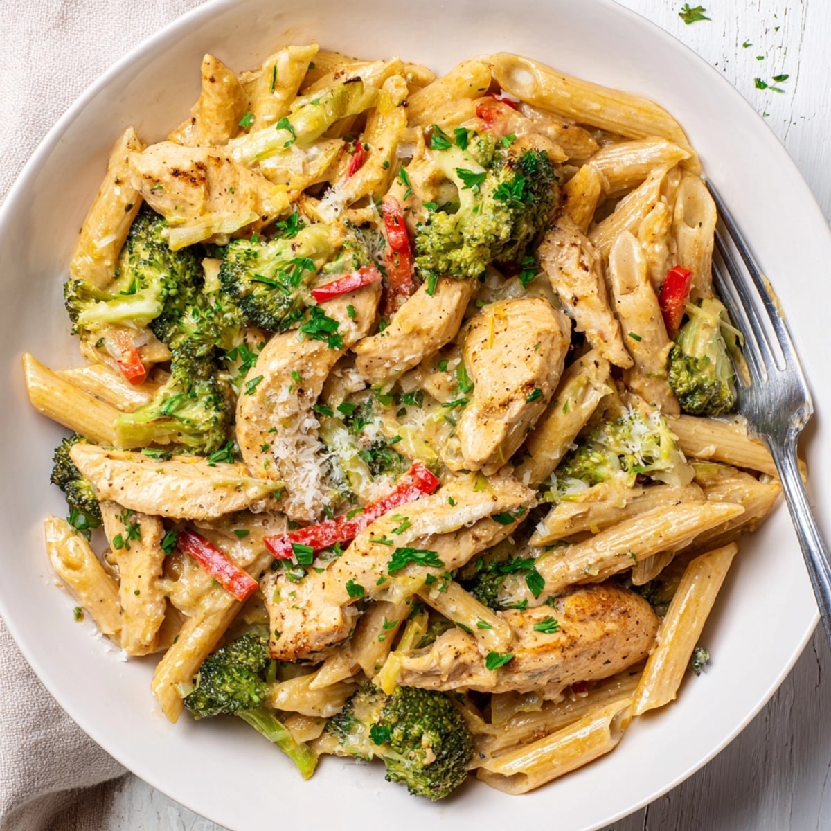 Spicy Cajun Chicken Broccoli Pasta Skillet, a comforting, cheesy dinner with parsley garnish.