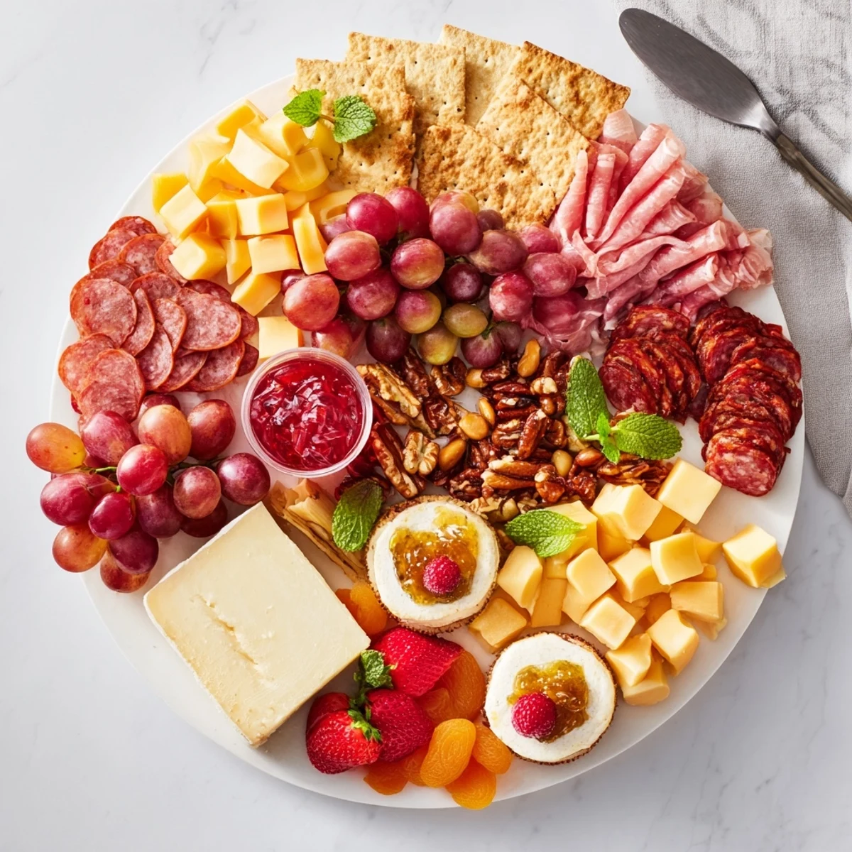 Indulge in a visually appealing charcuterie board featuring creamy cheesecakes.