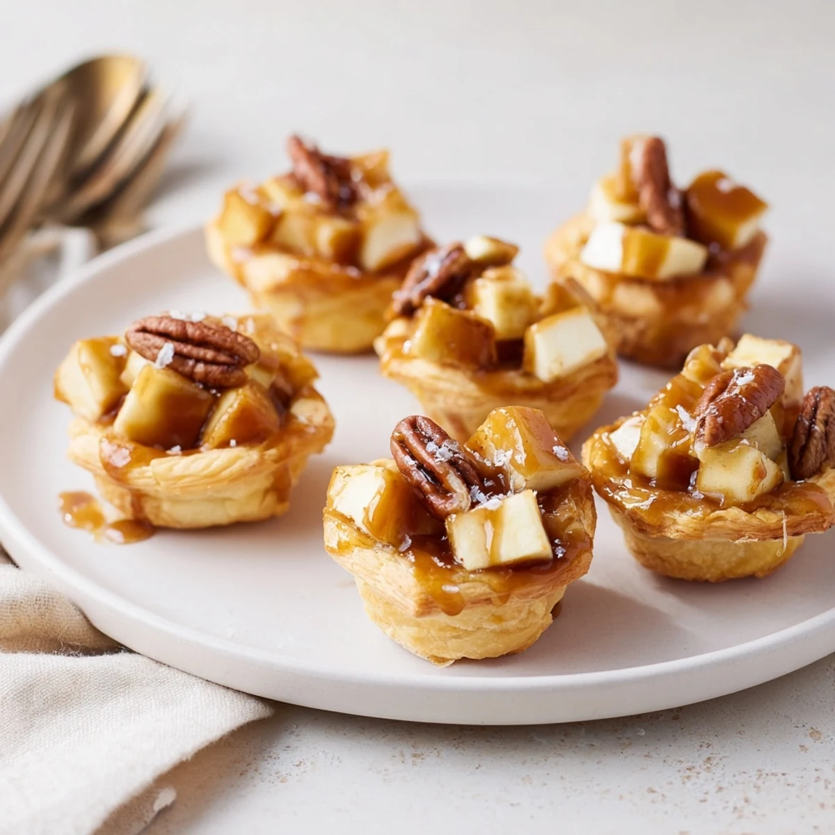 Delicious Caramel Apple Brie Bites perfect for entertaining, served warm and drizzled with sauce.
