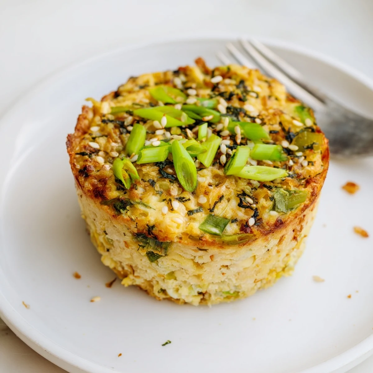 Fluffy Japanese ramen egg breakfast muffins topped with scallions and sesame seeds.  
