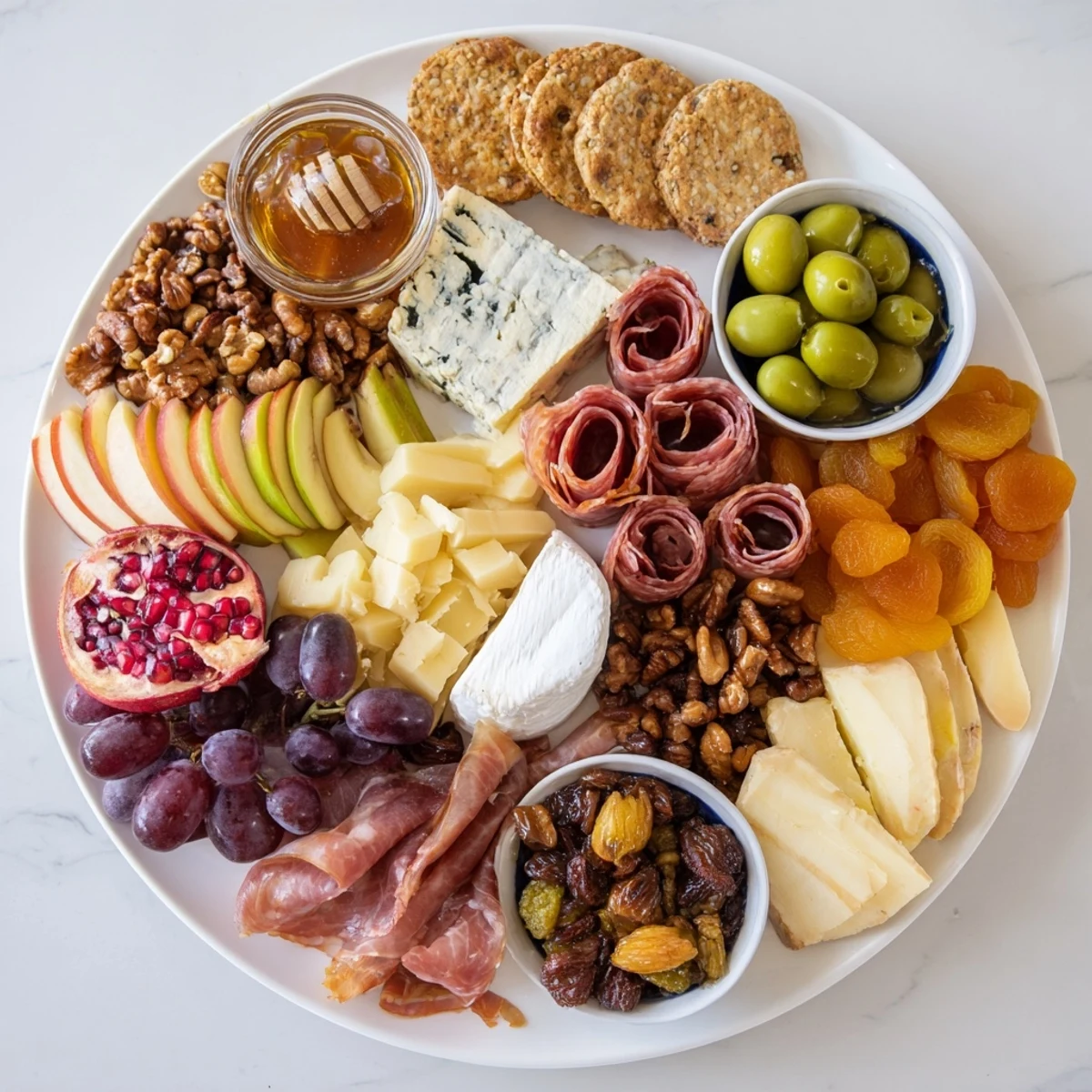 Elegant display of cheese, meats, and crunchy maple glazed nuts for entertaining.  