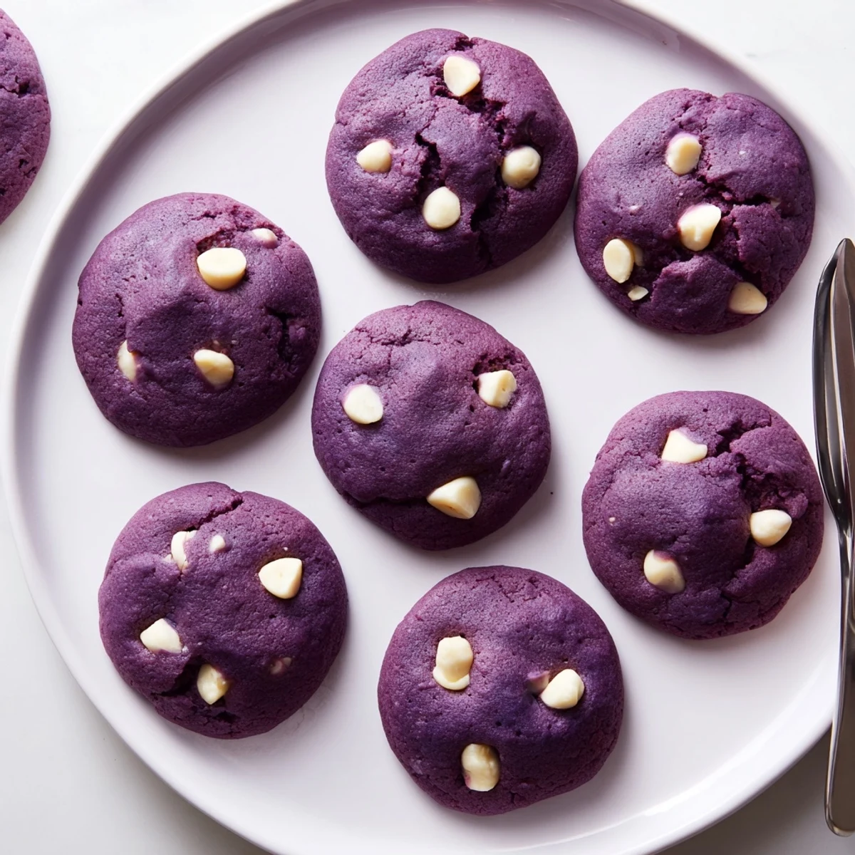 Vibrant Thanksgiving ube cookie dessert tray with chewy cookies and white chocolate chips.  