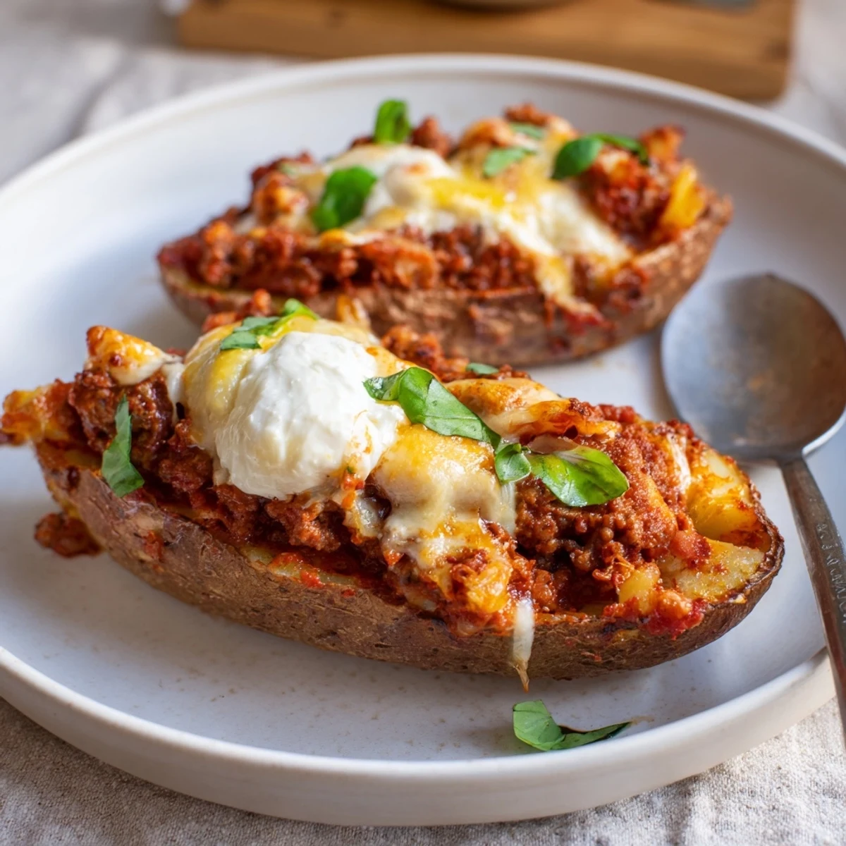 Crispy potato skins filled with flavorful lasagne soup, topped with melted cheese.  