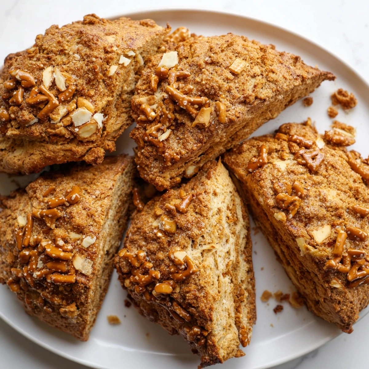 Crunchy pretzel topping on soft, fragrant Ginger Snap Pretzel Scones, ideal for tea.  