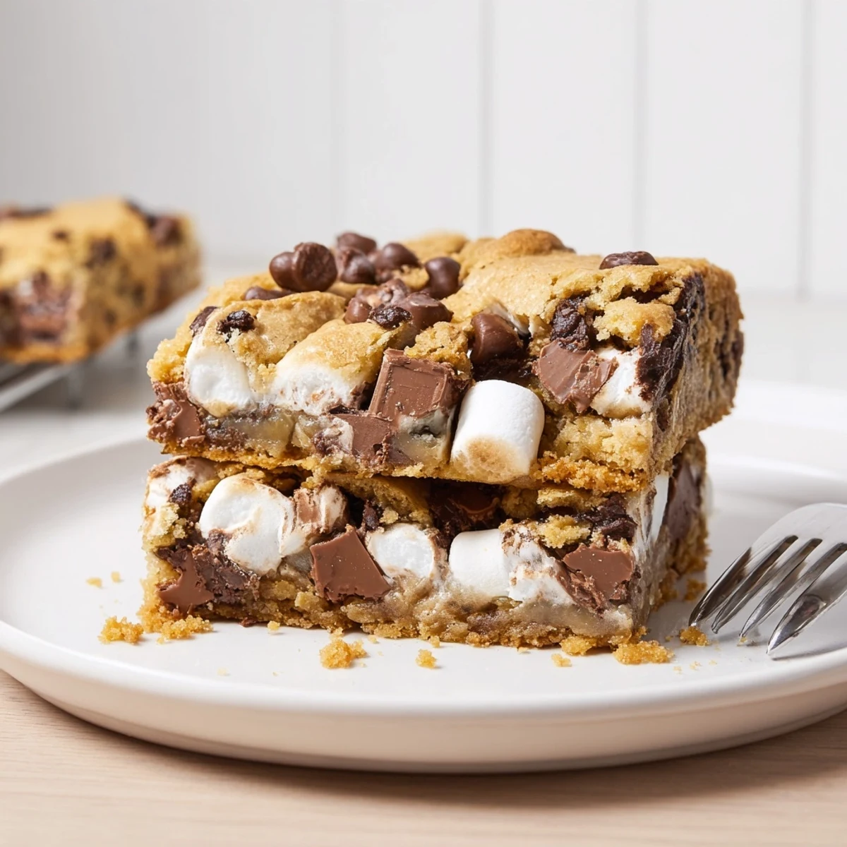 Decadent Chaos Cake S'mores Cookie Bars topped with chocolate and gooey marshmallows.