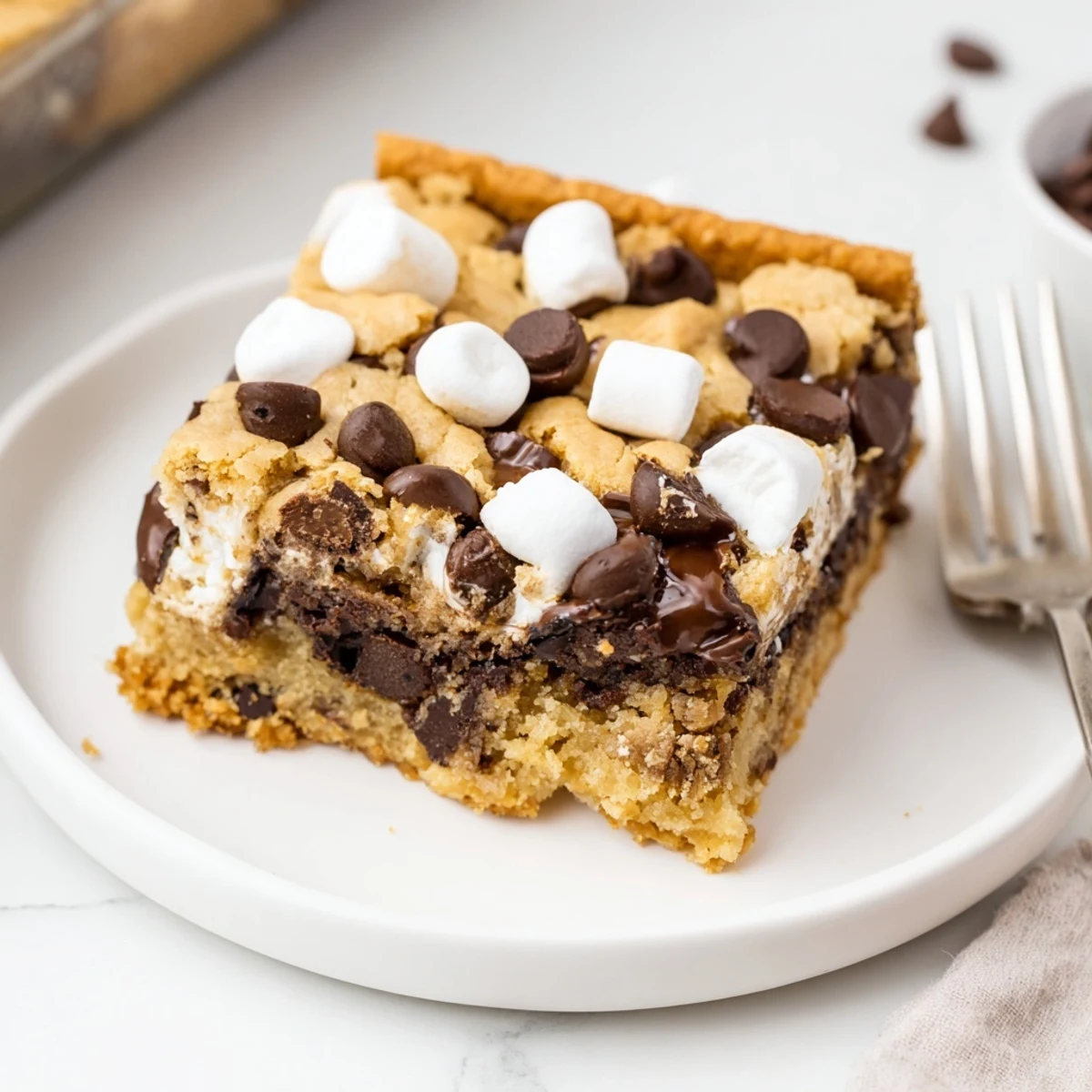Gooey Chaos Cake S'mores Cookie Bars topped with crispy graham crackers and melted chocolate.