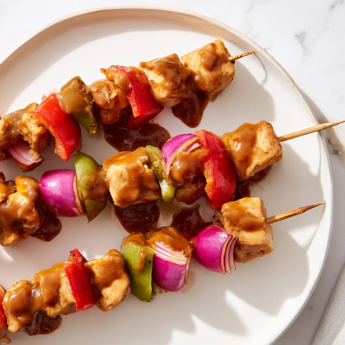 Flavorful skewers of chicken, bell pepper, and onion coated in creamy Thai peanut sauce.  