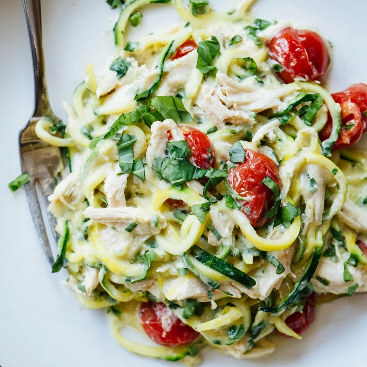 Creamy One-Pot Zucchini Noodle Alfredo with Chicken topped with fresh basil.  