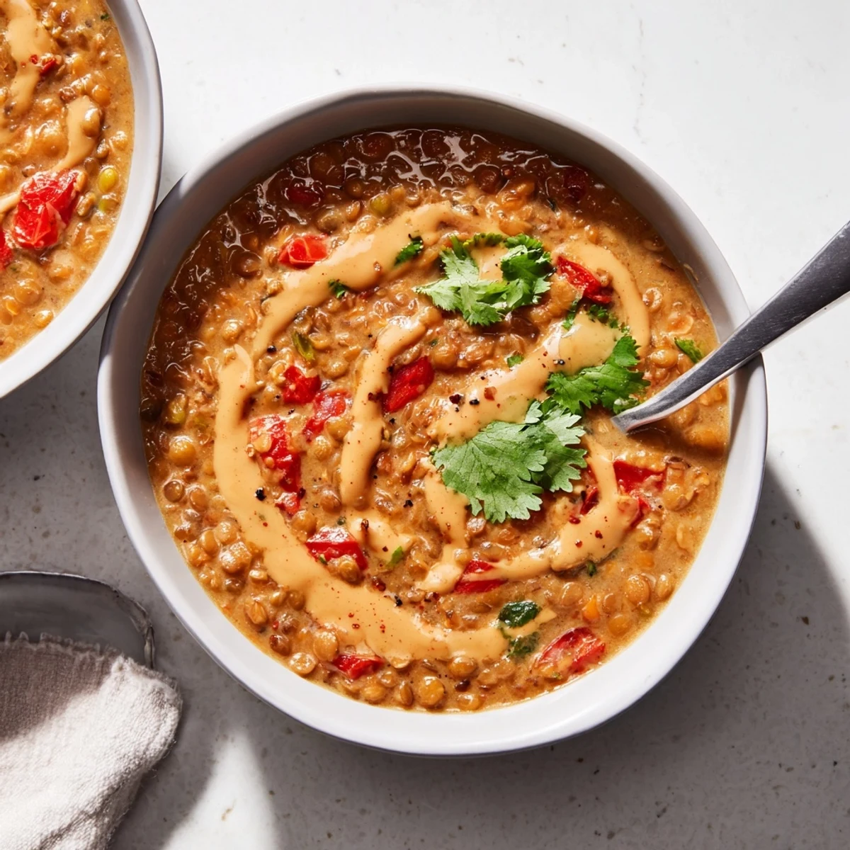 Vegan Thai Peanut Lentil Soup served with a drizzle of chili oil for zest.