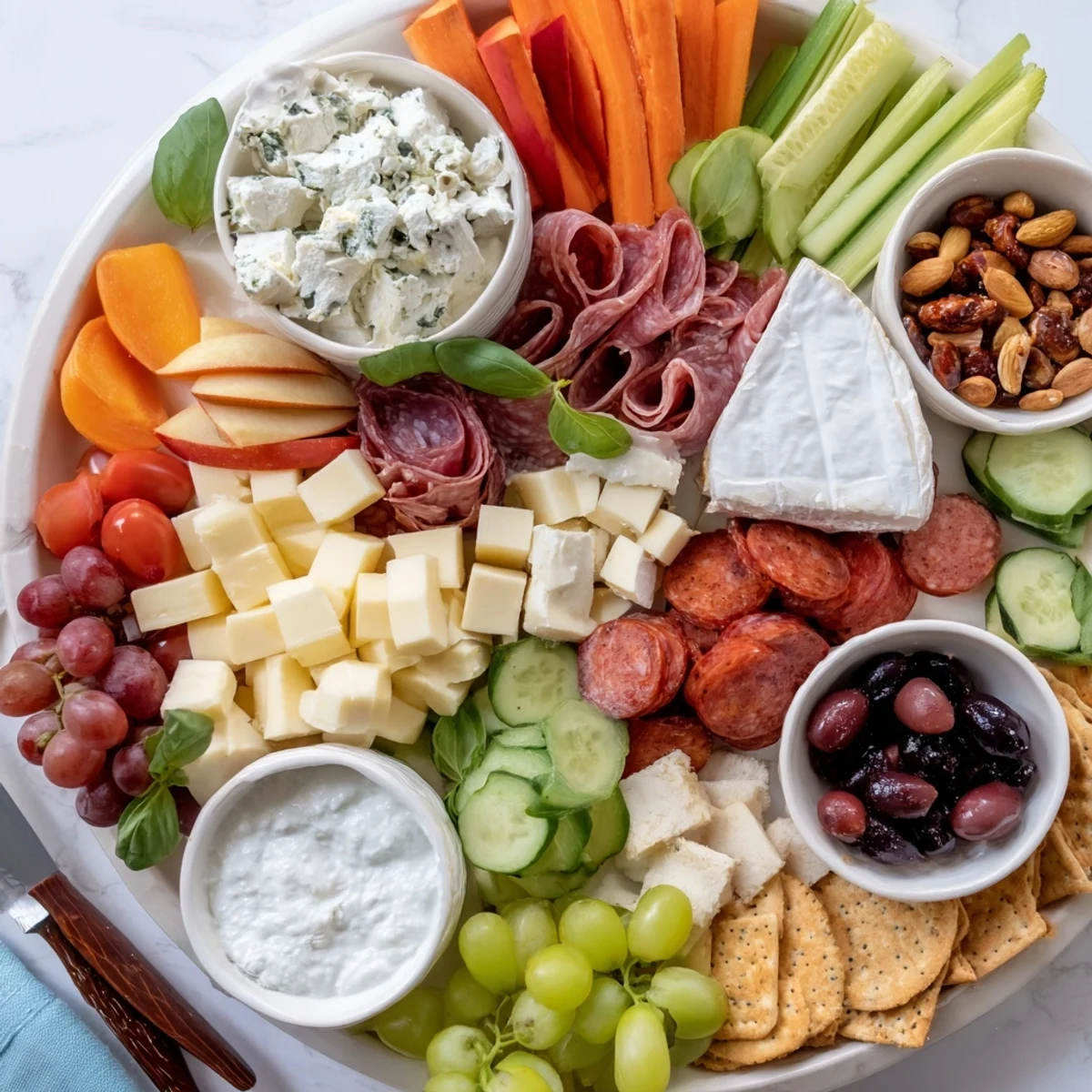 A colorful girl dinner platter featuring cheeses, fruits, and dips for sharing.  