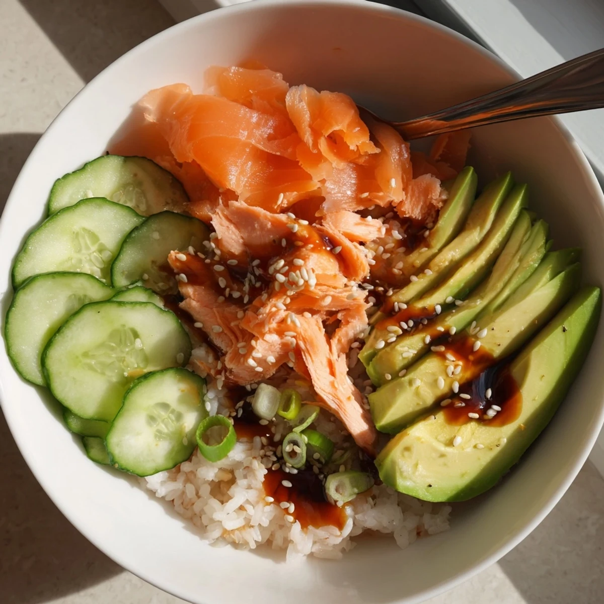 A vibrant Leftover Salmon & Rice Bowl garnished with fresh avocado and cucumber slices.  