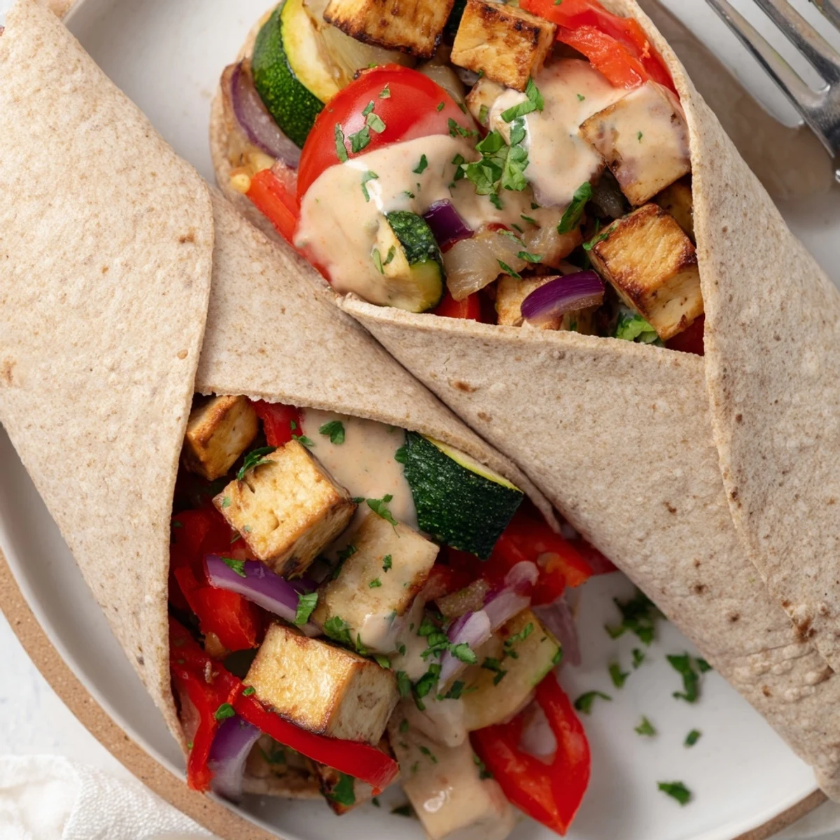 Vegan Viral Recipe Re-make featuring golden tofu and colorful veggies in wraps.  