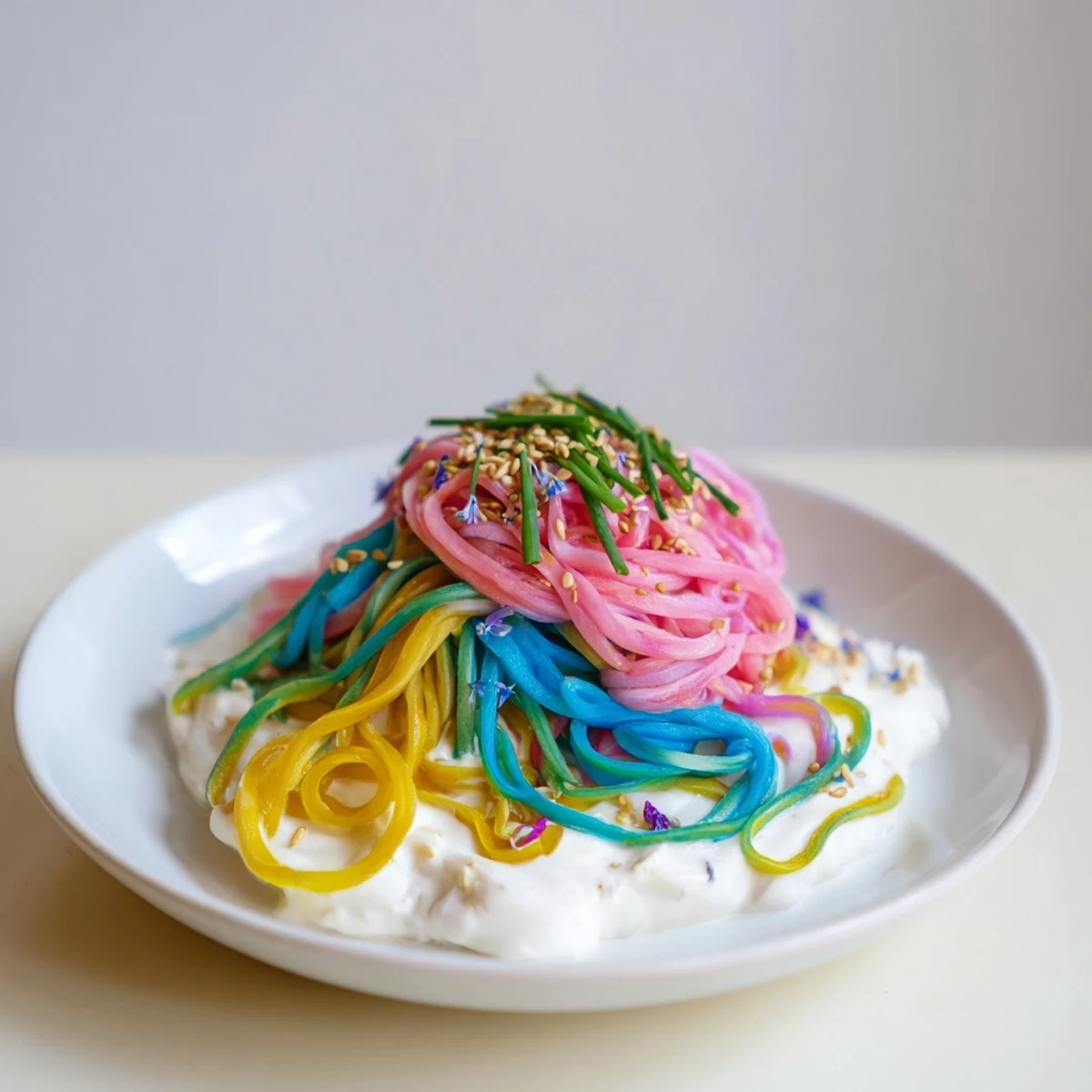 Whimsical Neon Noodle Cloud recipe showcasing bright noodles enveloped in lush, creamy goodness.