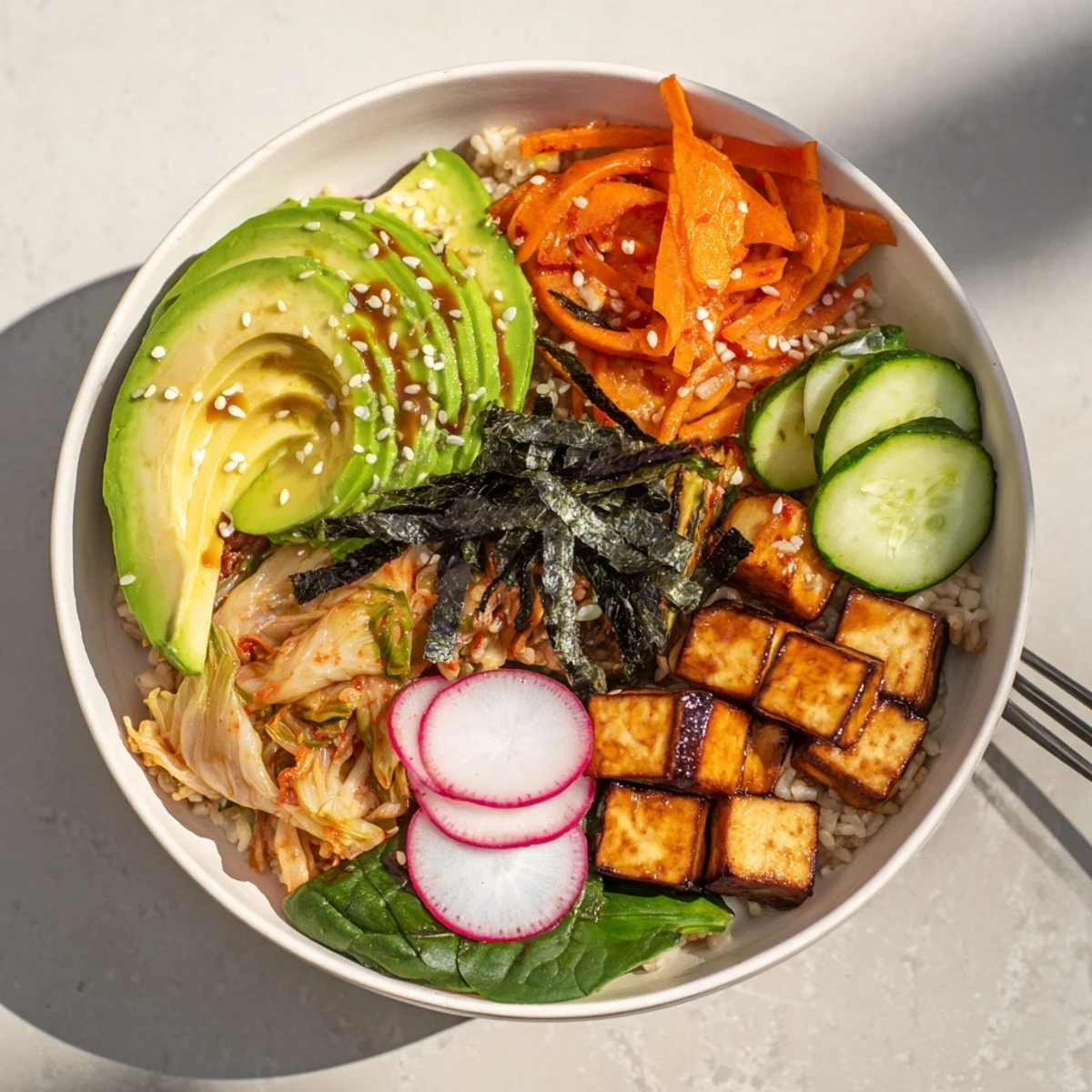 A colorful Fermented Vegetable Bowl loaded with tangy kimchi and fresh, crunchy veggies.  