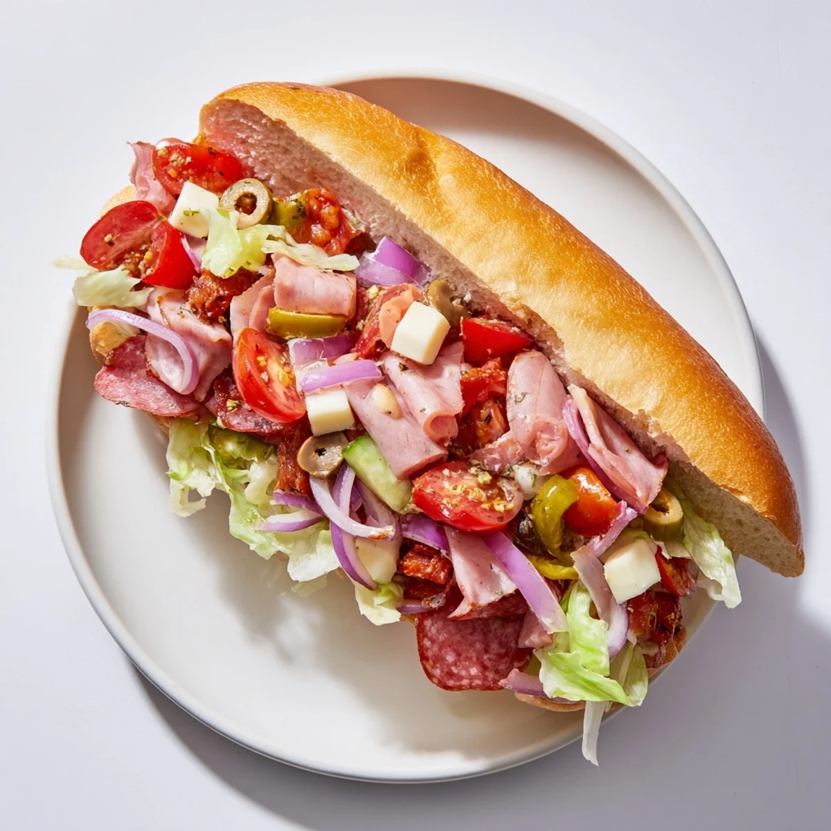 Vibrant Flavor Mash-Up Sandwiches piled high with meats and fresh veggies, perfect for lunch.  