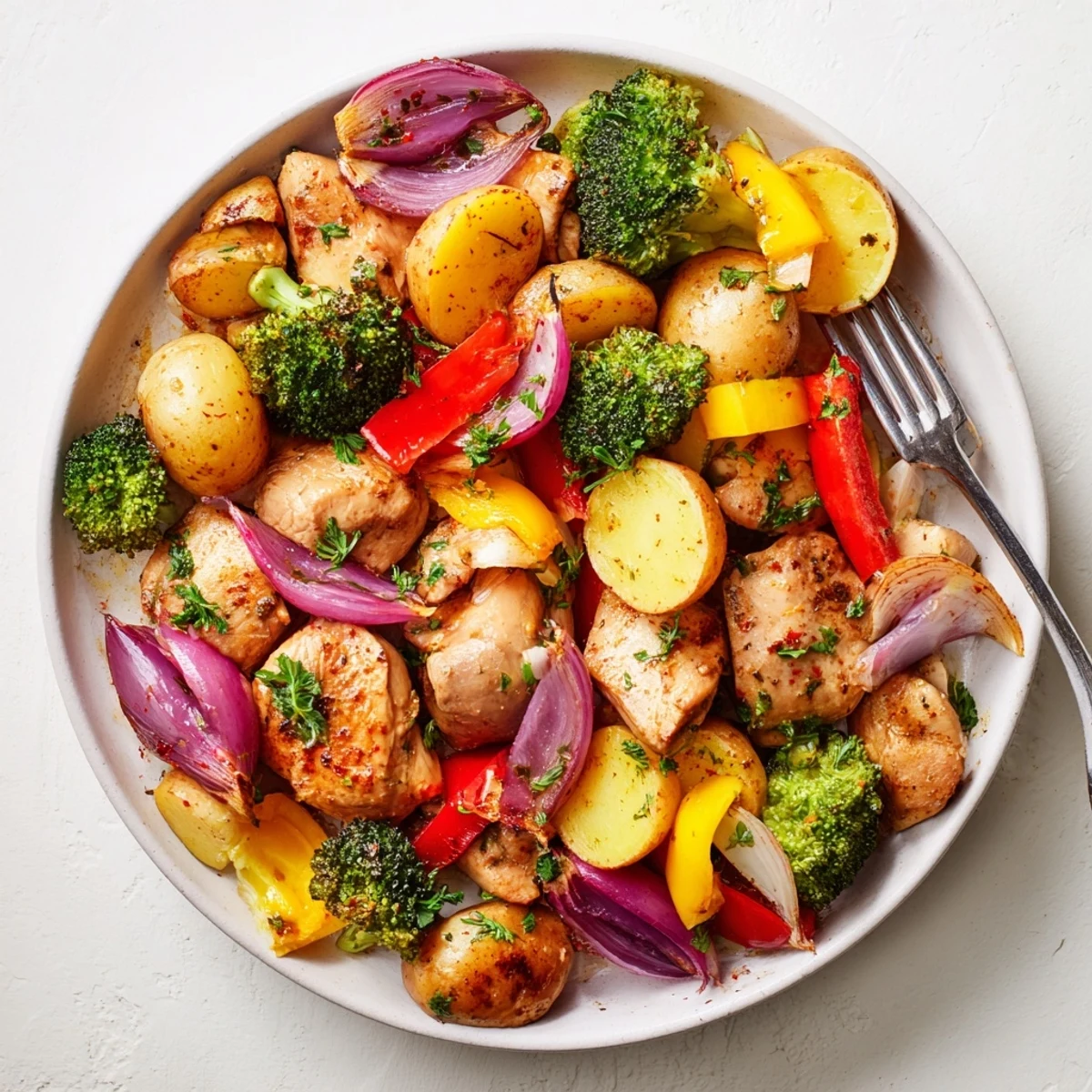 Flavorful Lazy Gourmet Chicken & Vegetable One-Pot, served with fresh parsley and lemon wedges.  