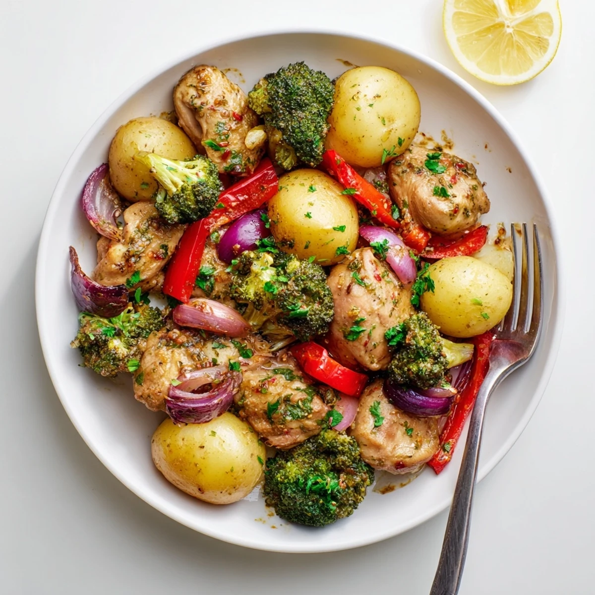 Tender Lazy Gourmet Chicken & Vegetable One-Pot showcasing colorful veggies and crispy textures.