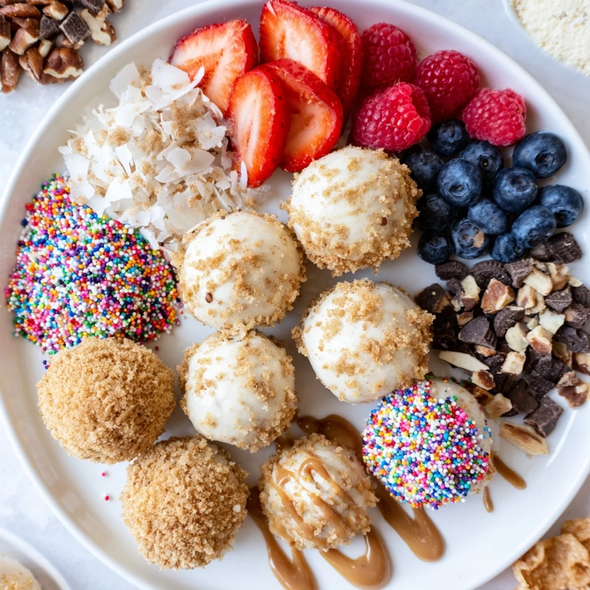 Indulge in a vibrant deconstructed dessert board featuring creamy cheesecake bites.  