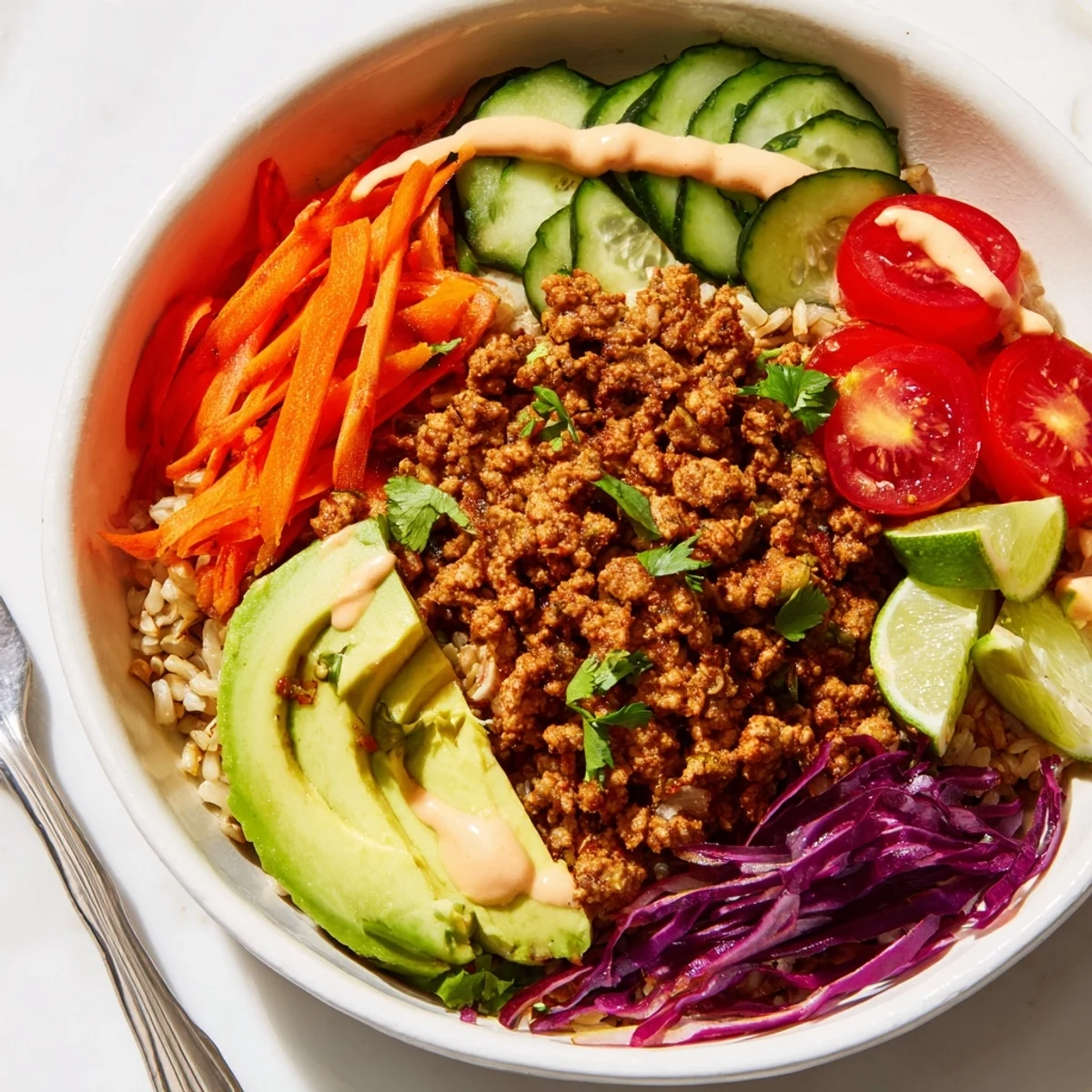 A colorful plant-based meat bowl topped with fresh veggies and lime wedges.  