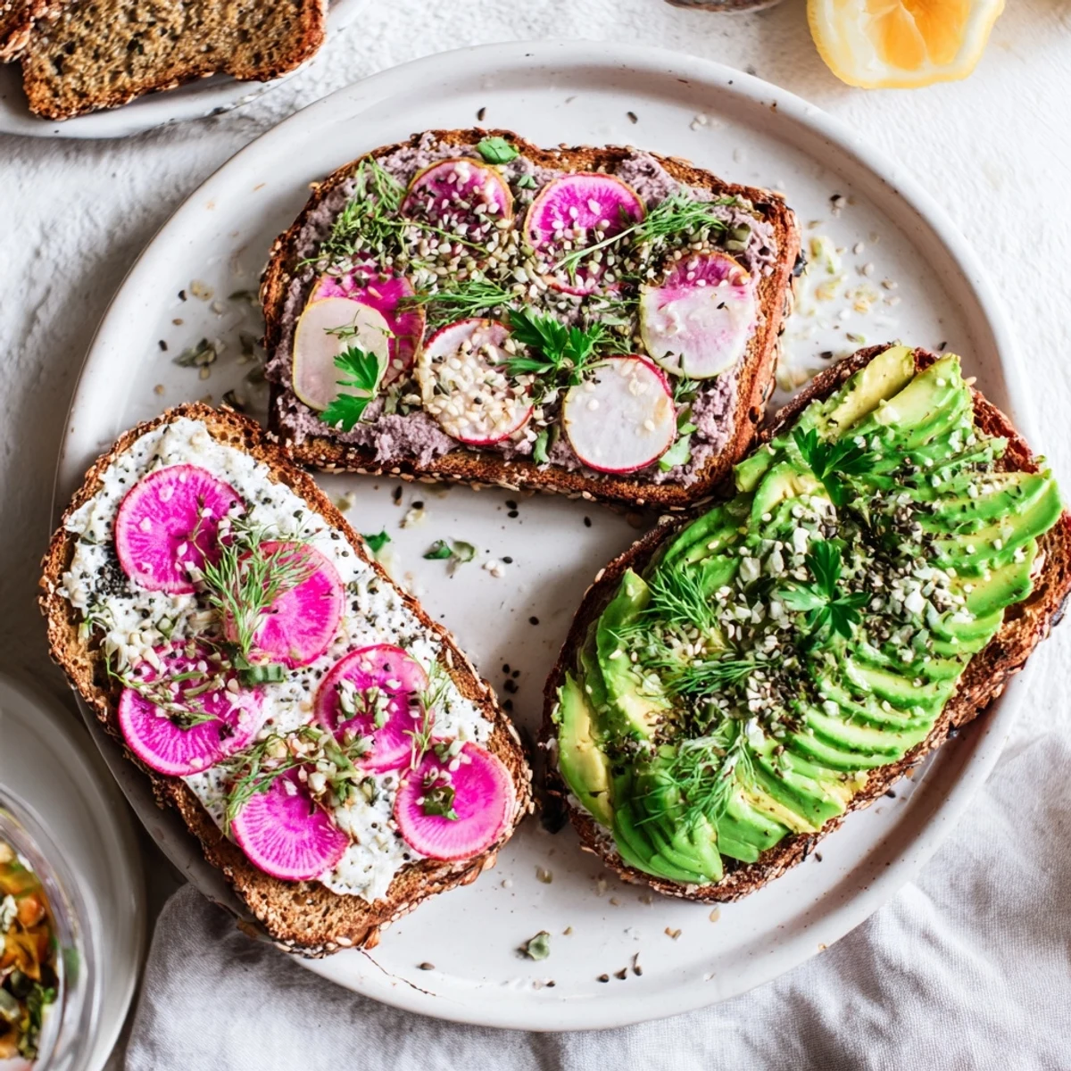 Vibrant breakfast toasts topped with ube, avocado, and colorful garnishes for a fresh start.
