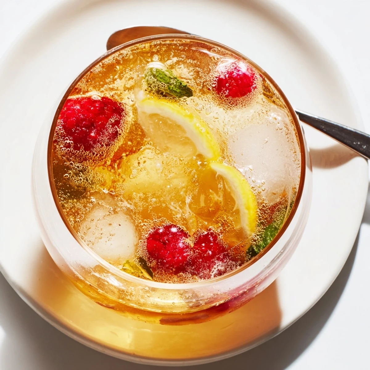 Homemade kombucha-style drinks garnished with aromatic herbs and fruit slices.