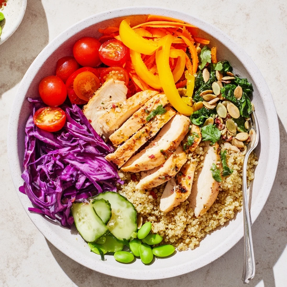 Vibrant healthy meal-prep bowls layered with colorful veggies and grilled chicken.