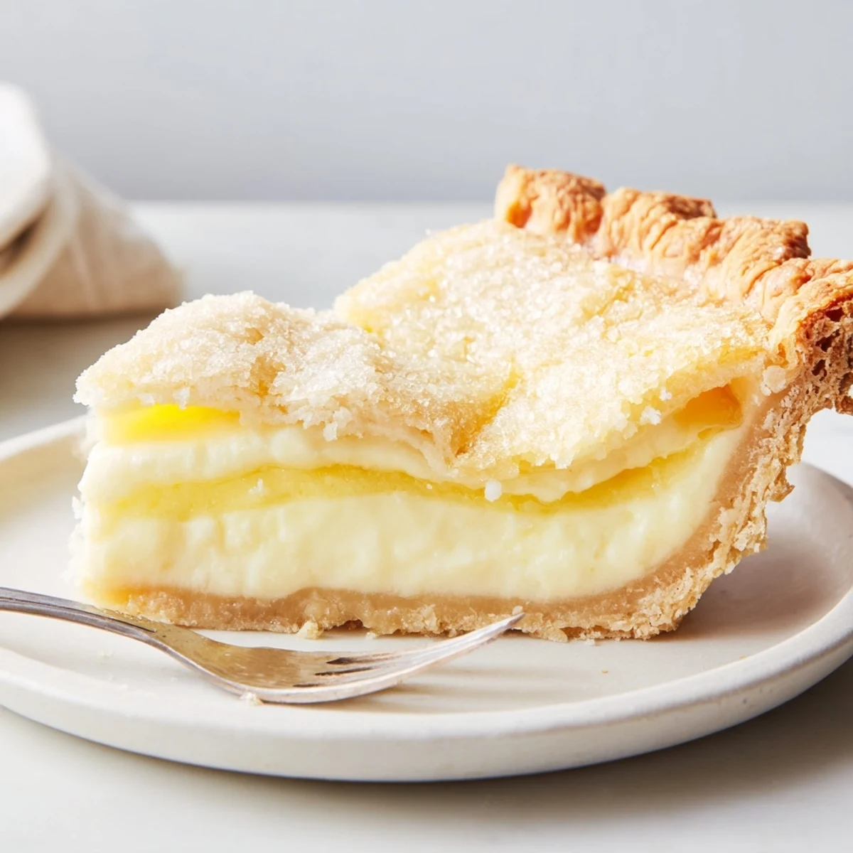 Creamy water pie topped with rich butter, inviting a sweet nostalgia with each slice.  