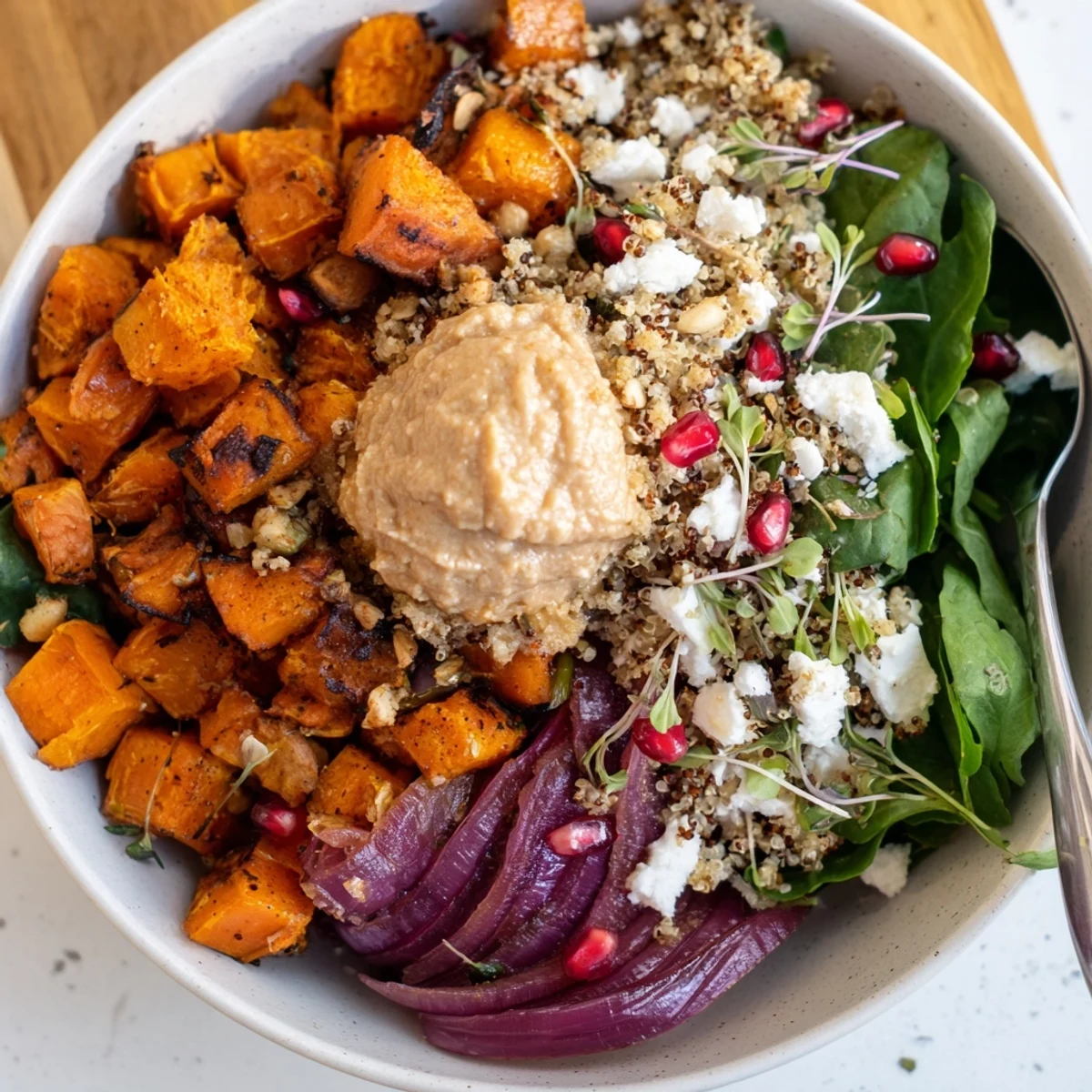 Cozy spiced winter bowls with roasted vegetables and a creamy ube-coconut purée.  