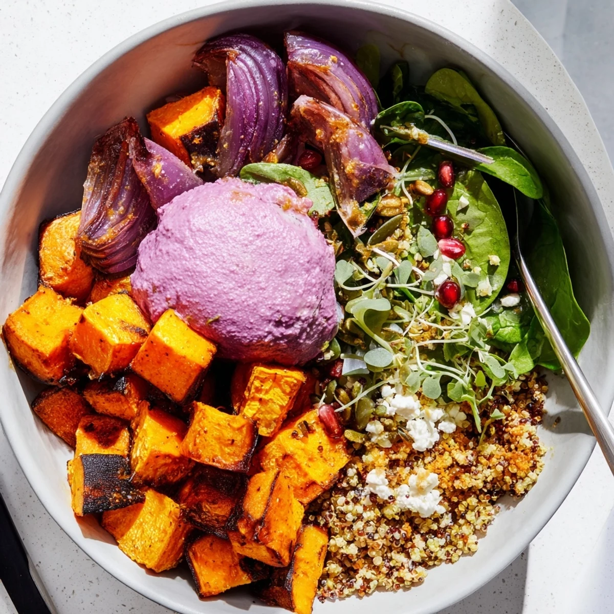 Vibrant spiced winter bowls topped with crunchy pistachio-maple crumble and fresh greens.  