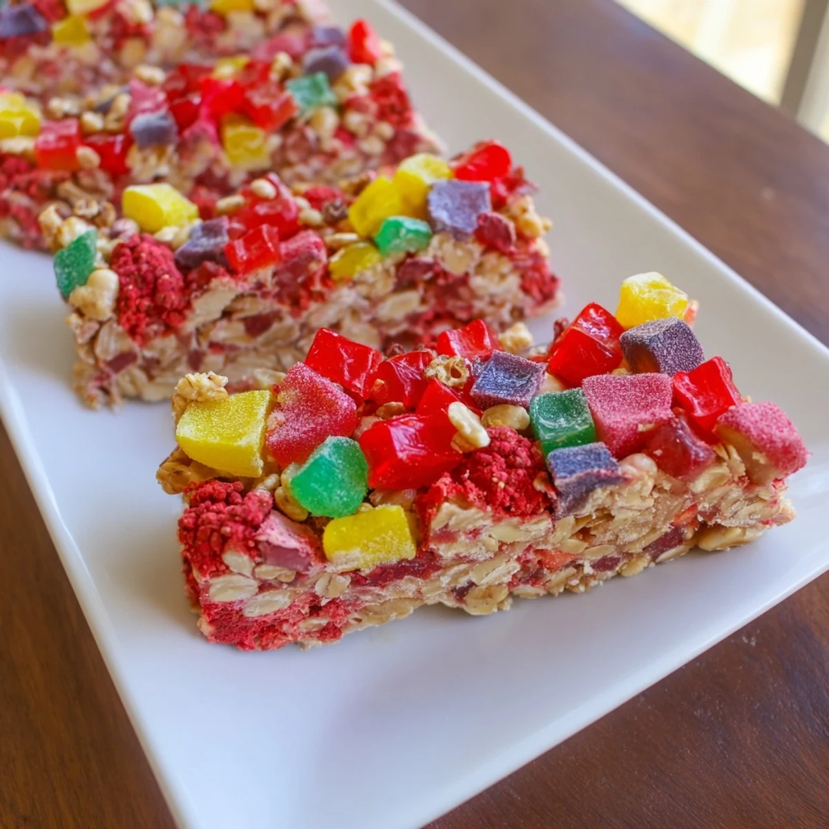 Colorful DIY snack bars topped with fruity gummies and crunchy freeze-dried candies.  