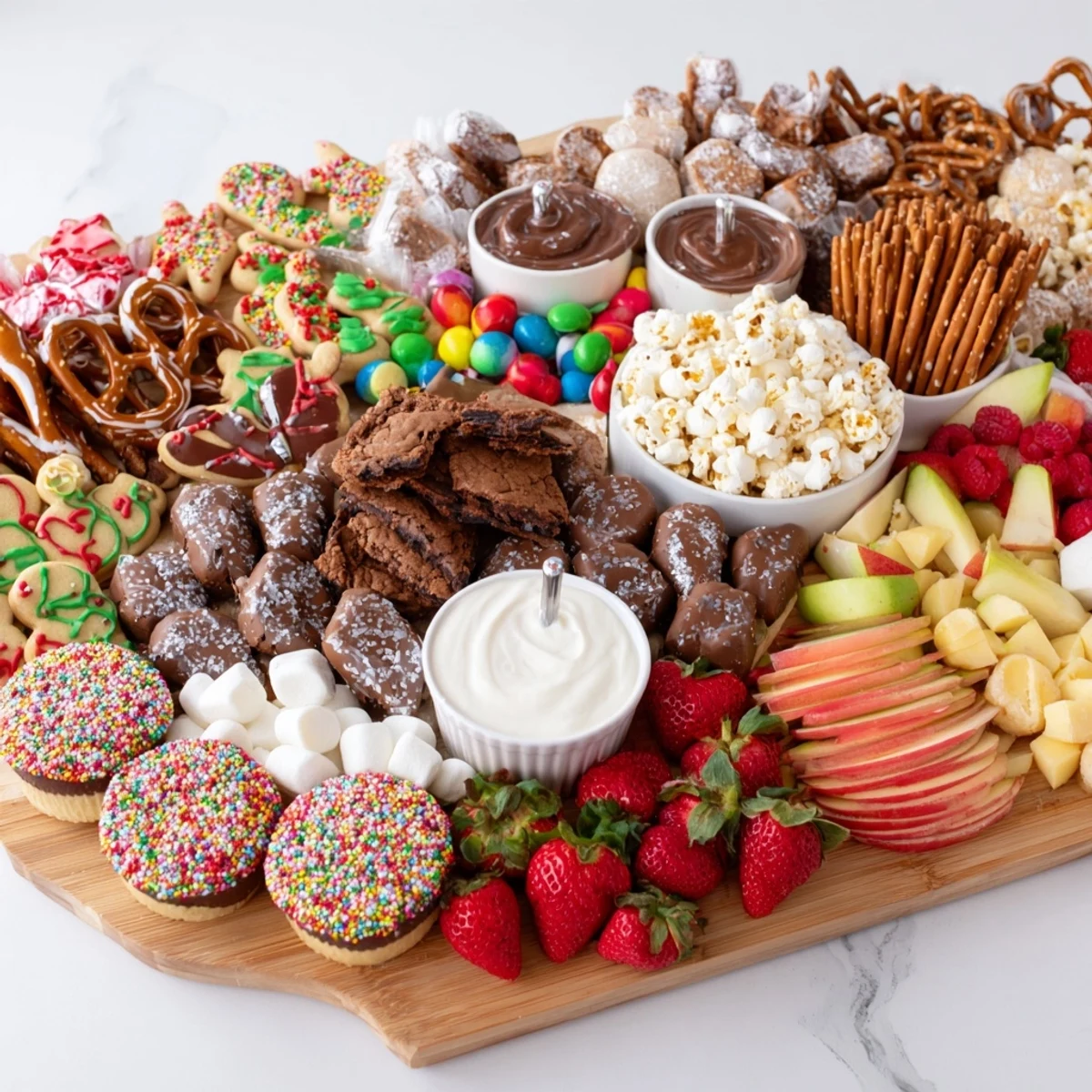 A colorful dessert board featuring sweet snacks and fresh fruits for celebrations.  