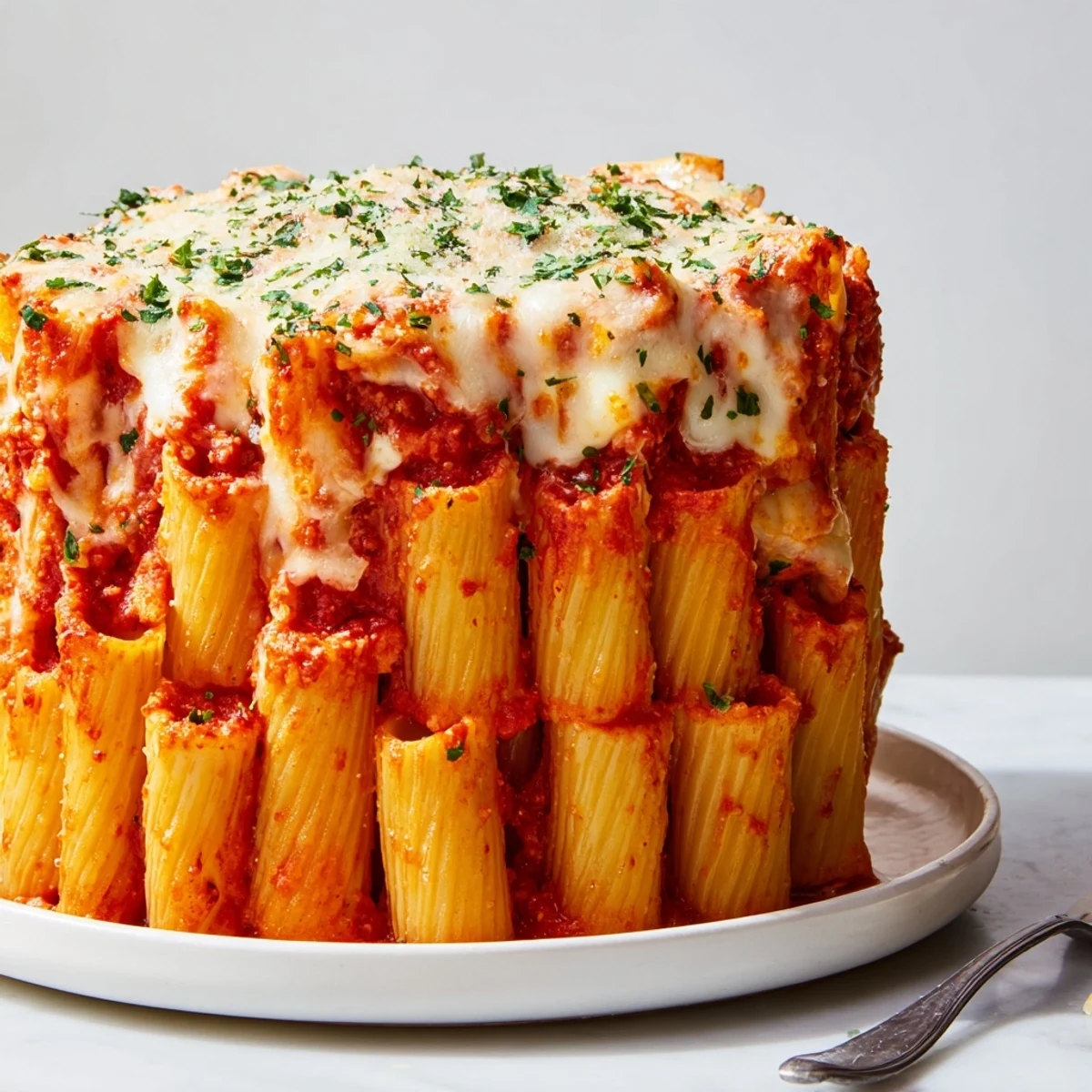 A delicious honeycomb pasta cake filled with rich tomato sauce and creamy cheese.  