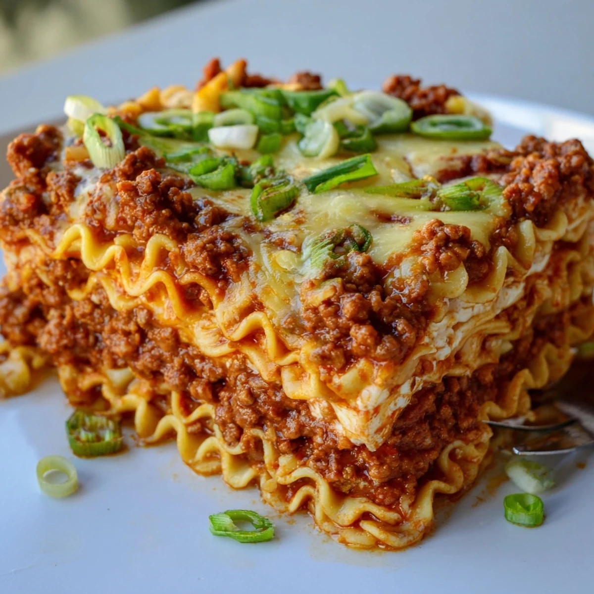 Delicious Spicy Ramen Lasagna layers creamy cheese and hearty pork for comfort.  