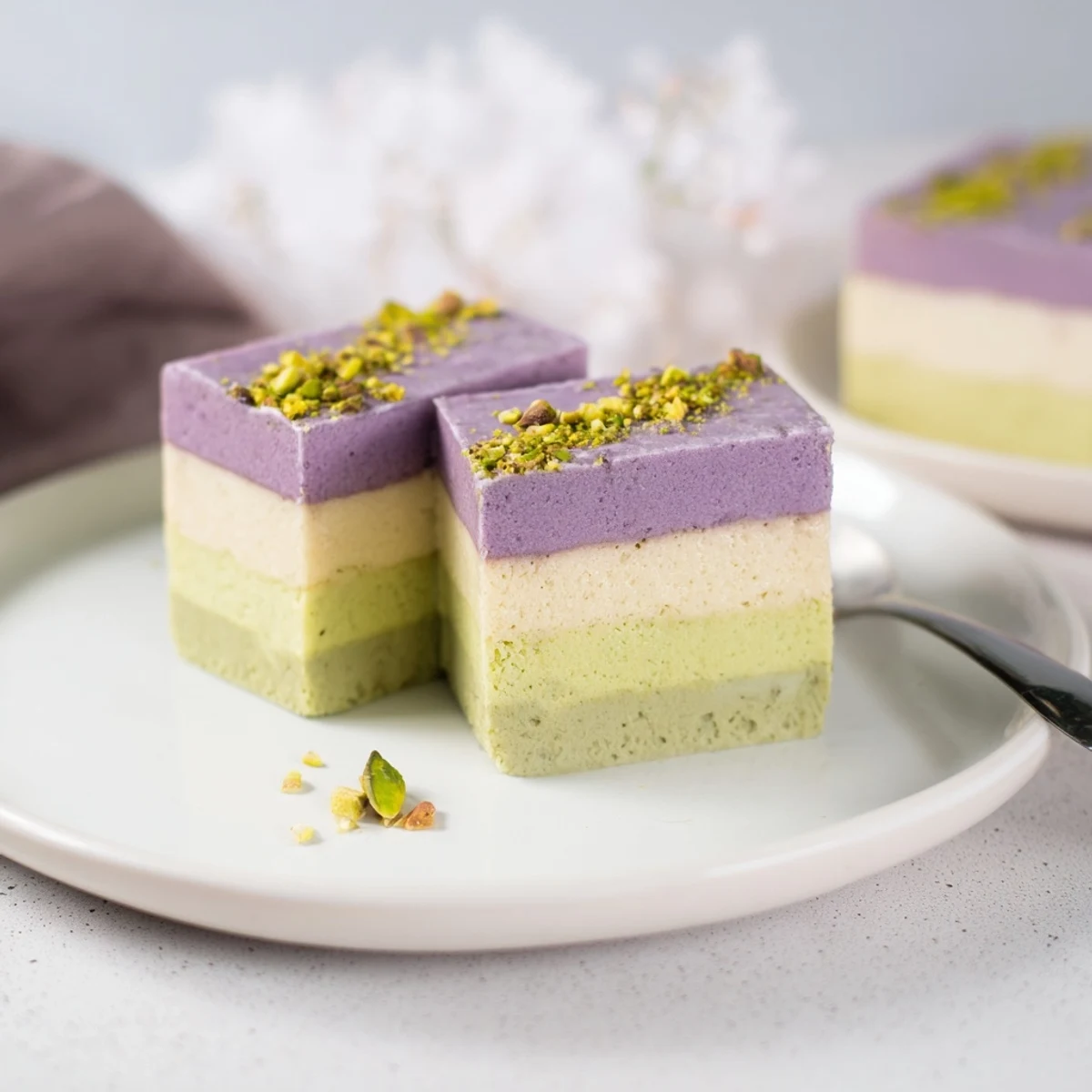 Delicious ube and pistachio ice cream bars drizzled with condensed milk and nuts.