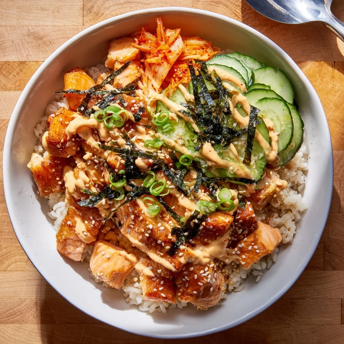 Crispy salmon rice bowl topped with spicy mayo, kimchi, and fresh veggies.