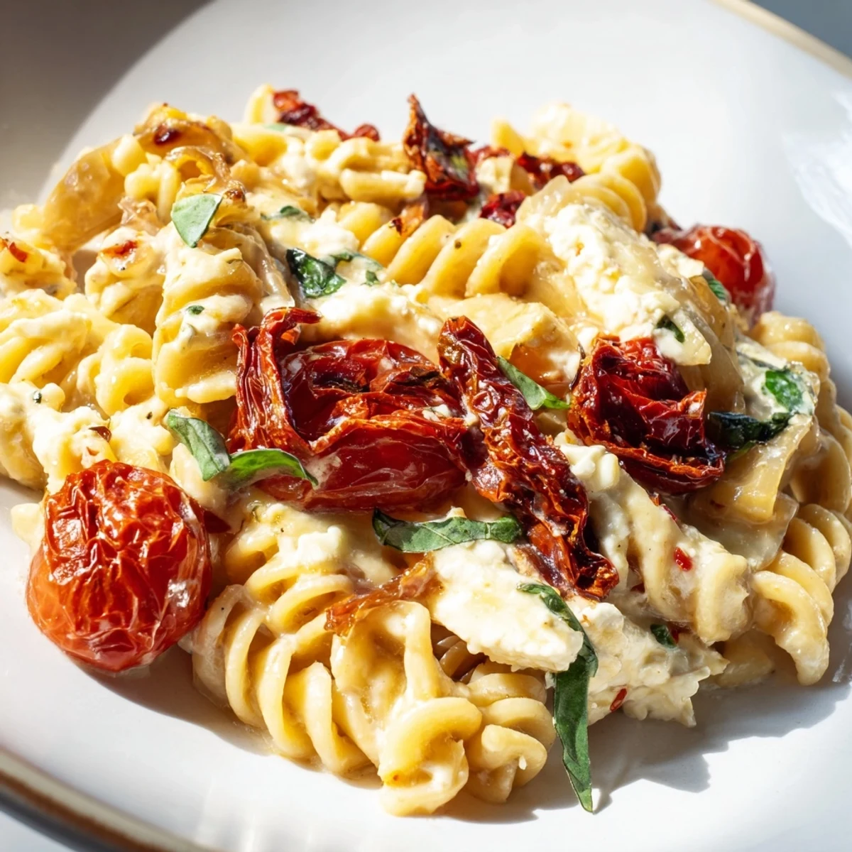 Creamy baked feta pasta topped with caramelized onions and sun-dried tomatoes.  
