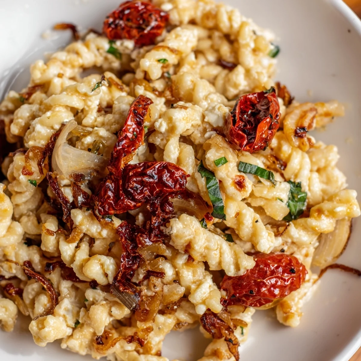 Baked feta pasta served warm, bursting with flavor and inviting aroma.  