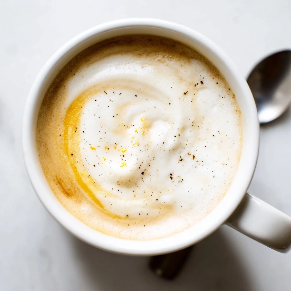 Creamy Onion Latte topped with frothed milk and caramelized onions, perfect for coffee lovers.  