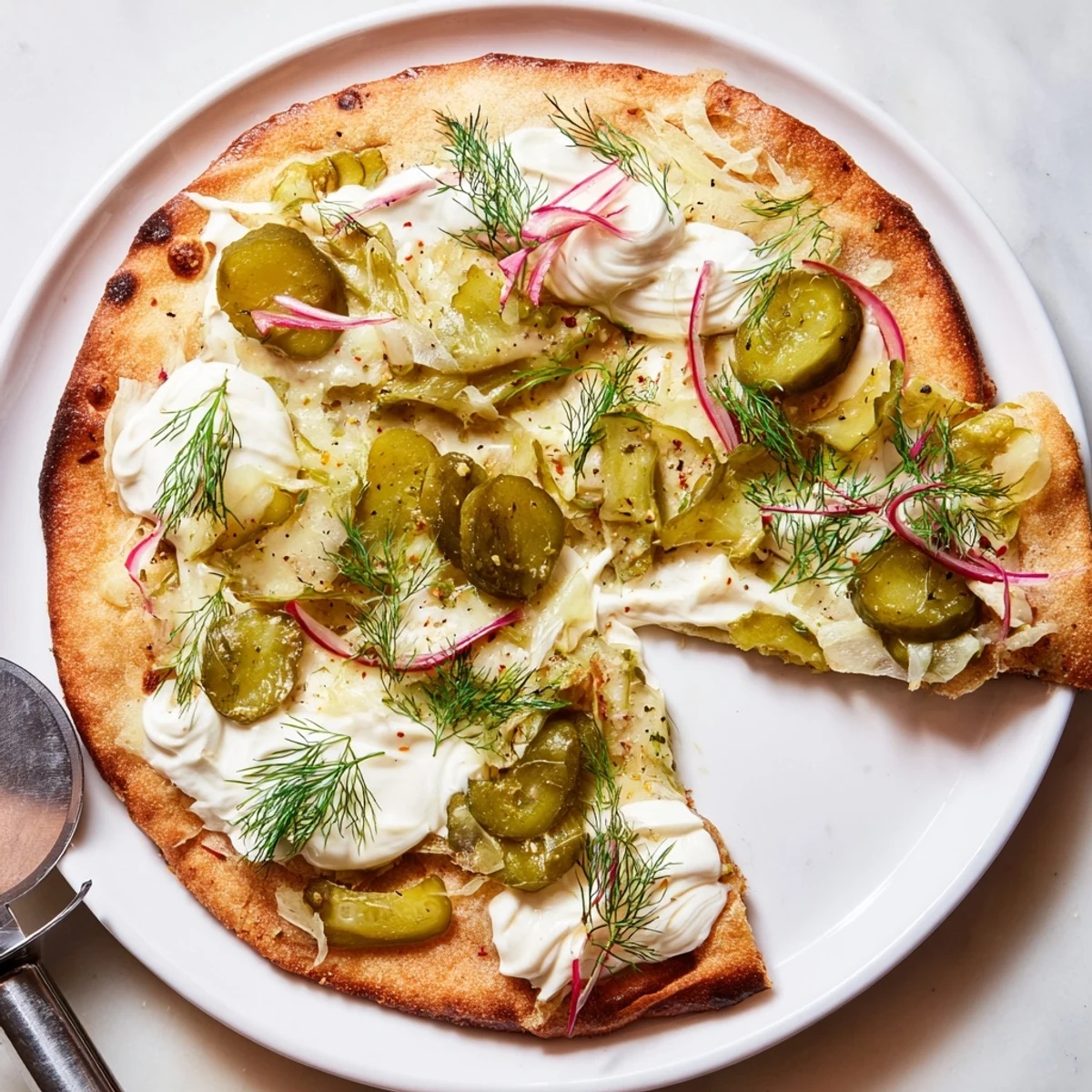 Tangy Pickle Pizza featuring creamy sauce, mozzarella, and crunchy dill pickles.  