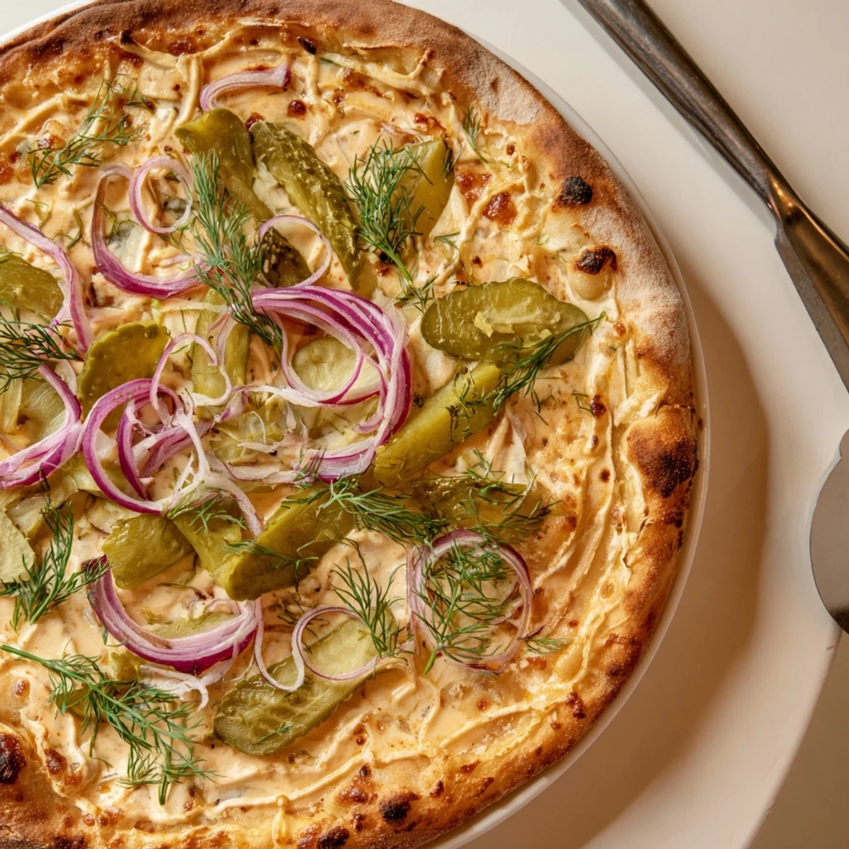 Delicious homemade Pickle Pizza topped with melted cheese and fresh dill hints.  